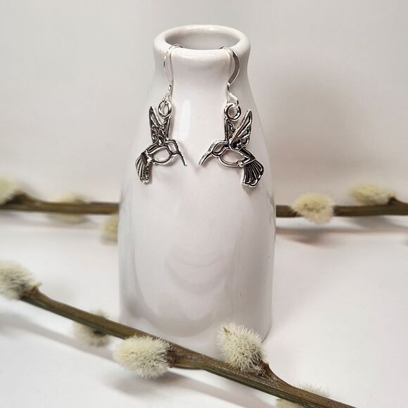 Hummingbird Charm Earrings on Sterling Silver French Earwires - Picture 1 of 6